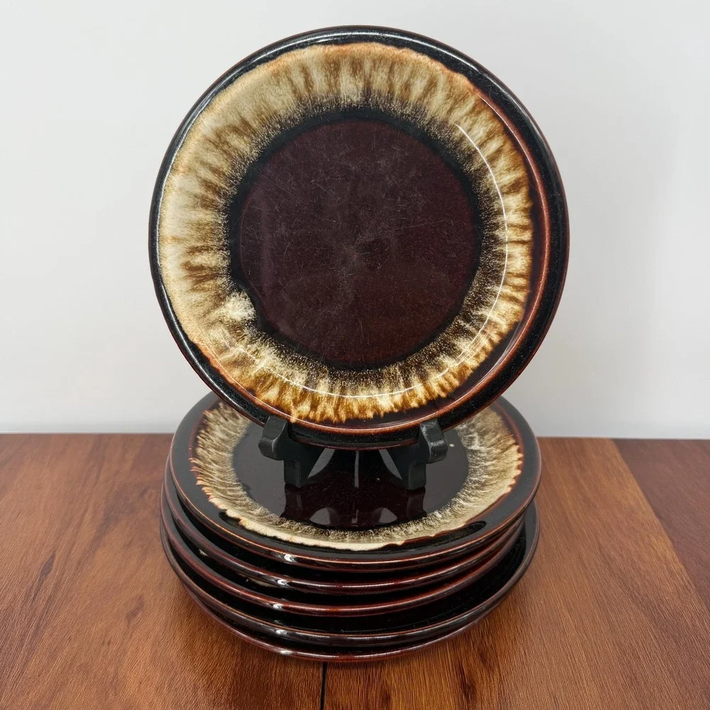 Pfaltzgraff 1970s Stoneware Brown Drip Glaze Lunch Salad Plates Set of 6 7.25